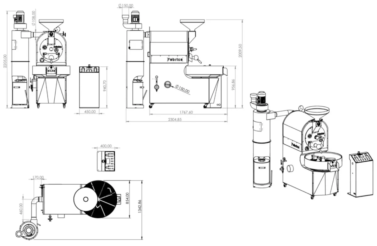 CR15 kahve kavurma makinesi teknik çizimi